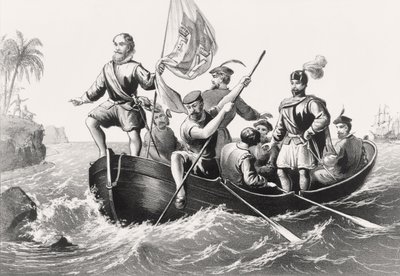Christopher Columbus setting foot in San Salvador October 12, 1492 by English School